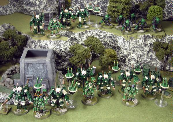 All of the armies' Commanders, Crisis and Stealth suits arrayed together