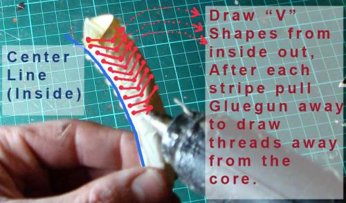 Draw parallel "V" shapes around the sides of the core